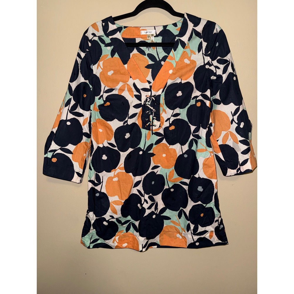 Tyler Boe Preppy Women Floral Lace Up Tunic Mini Navy Orange 3/4 Sleeve Cotton 6